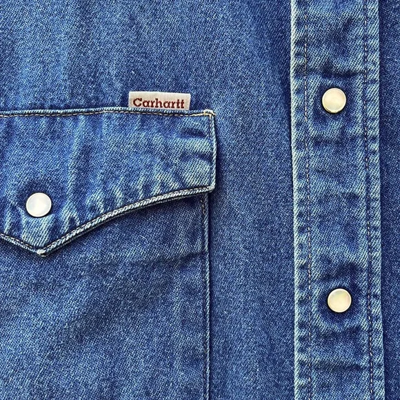 VTG Carhartt Rugged Denim Western Work Shirt Overshirt Pearl Snaps Yoke Pockets - Picture 9 of 14
